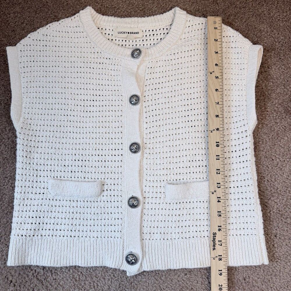 Lucky Brand Ivory Crochet Cardigan XS Star Button Western Boho Cotton Vest - Picture 8 of 15